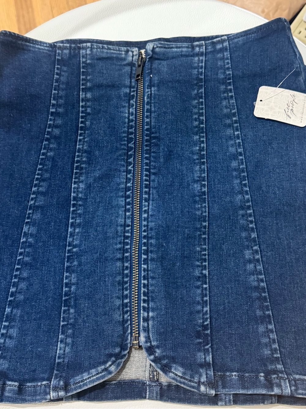 We The Free Dark Blue Paneled Denim Skirt with Front Zip